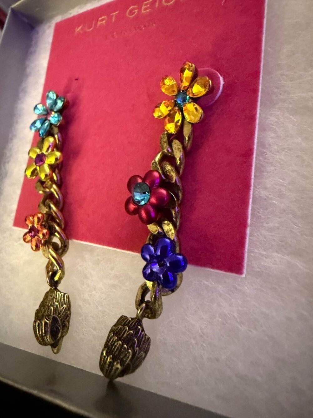Kurt Geiger London Multicolor Floral Chain Drop Earrings With Gold-Tone Wing Cha